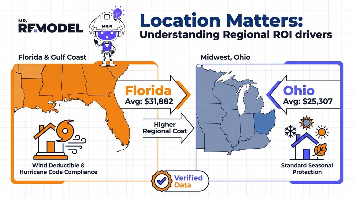 A map infographic illustrating why regional factors in states like Florida drive average roof replacement costs nearly $6,500 above the national average to meet strict hurricane and insurance codes.